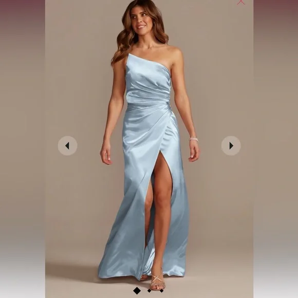 david's bridal dusty blue dress Davids Bridal Bridesmaid Dress Steel Blue Size 6 Maxi Slit Off Shoulder